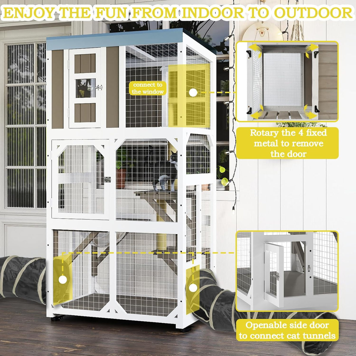 64.4" l catio outdoor cat enclosure,outdoor cats house showing dimensions