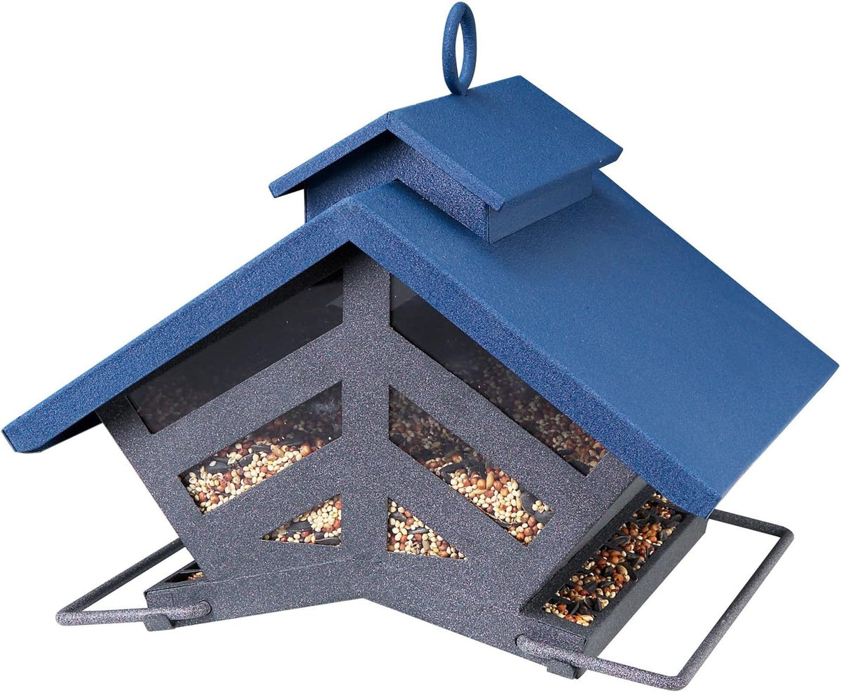 audubon 74240 chalet metal hopper bird feeder shown in use