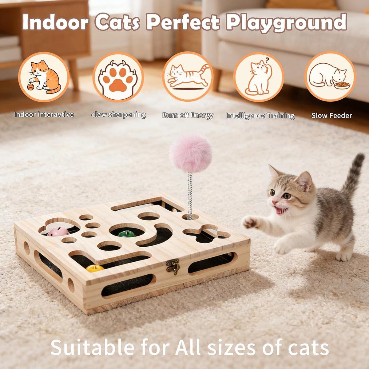 cat nail file enrichment box, wood puzzle scratcher, close-up detail