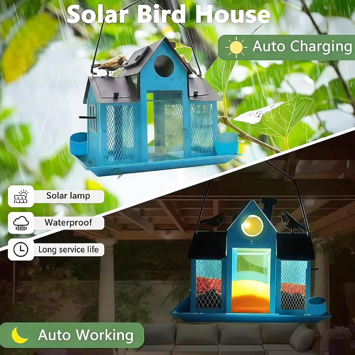 solar bird feeders house for outside hanging, metal shown in use