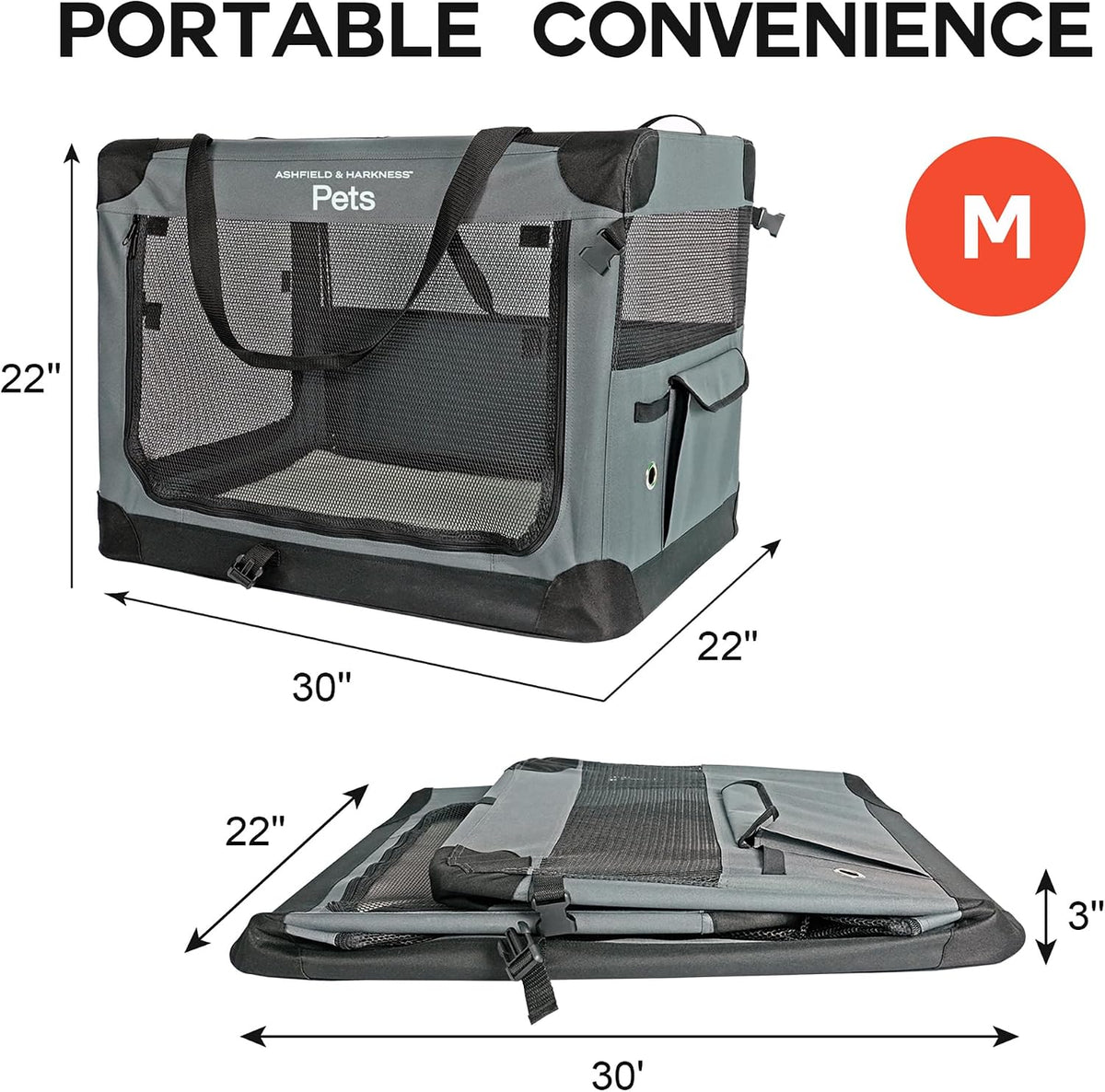 ashfield & harkness collapsible soft dog crate 30" shown in use