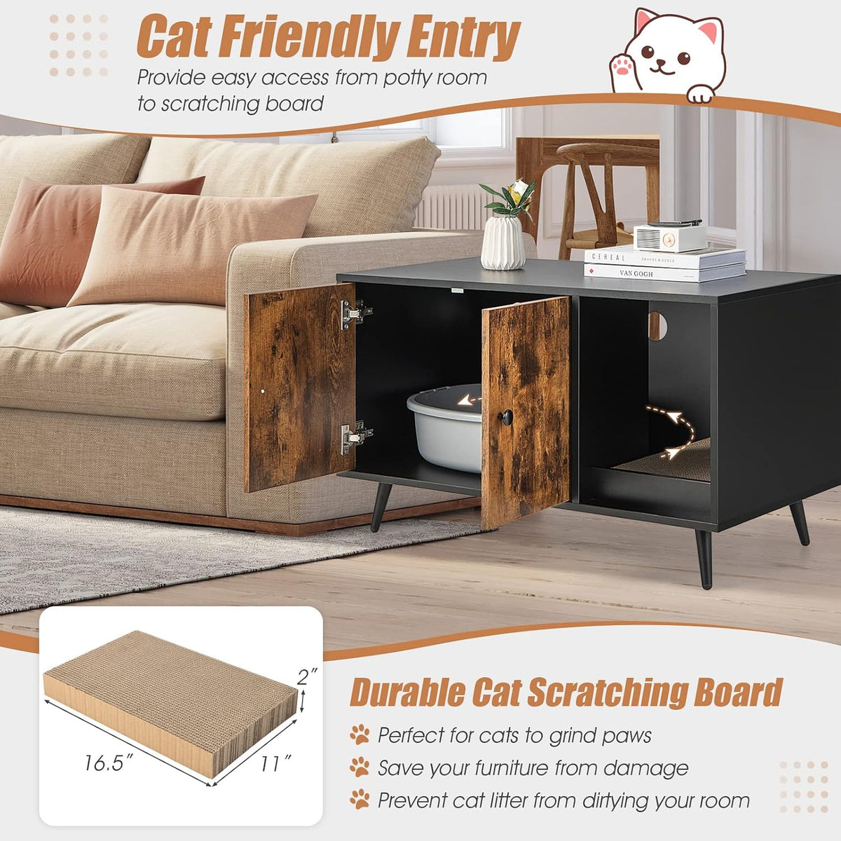 petsite litter box enclosure, wooden hidden litter box, side view
