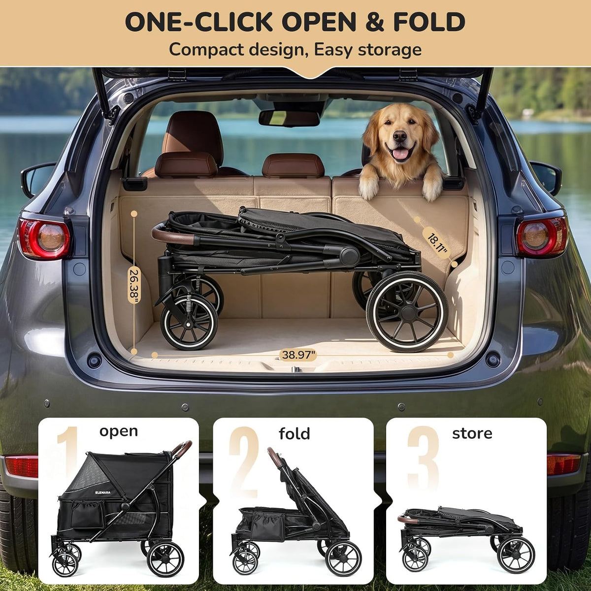 elemara large dog stroller with walk-in ramp, up on a desk or shelf