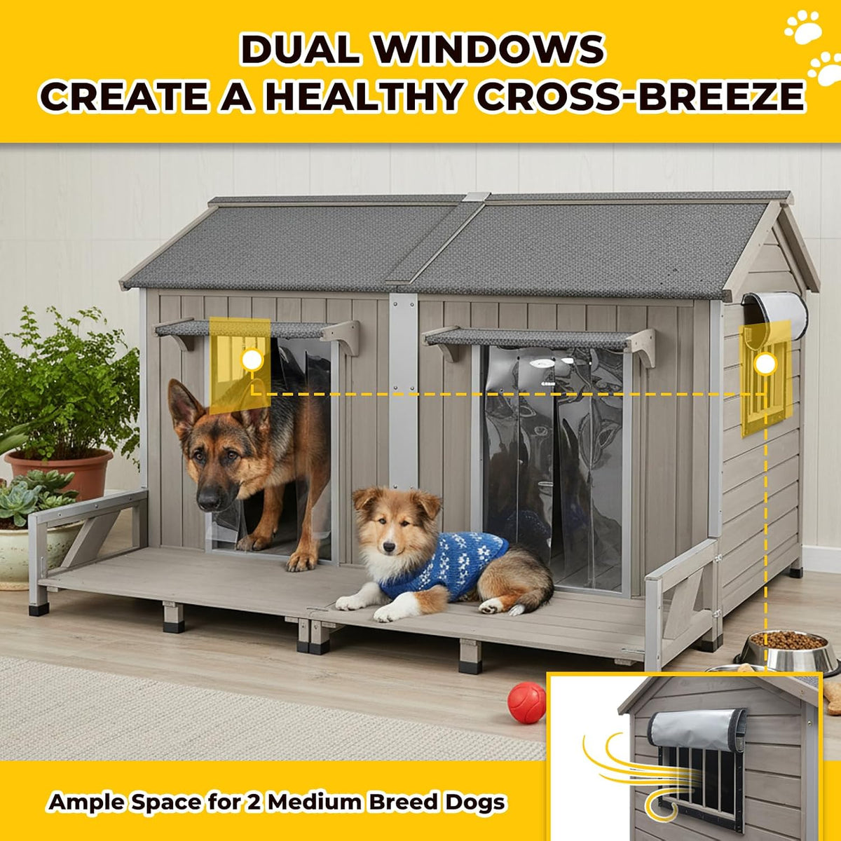 extra large outdoor dog house with balcony, weatherproof showing dimensions