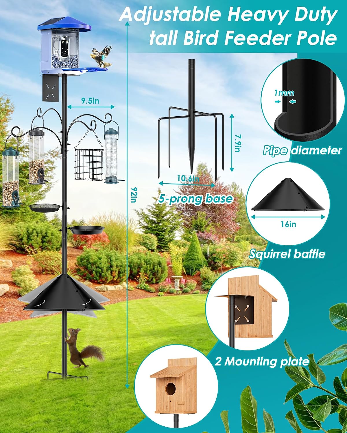 bird feeder pole squirrel proof, 92 inch heavy, close-up detail