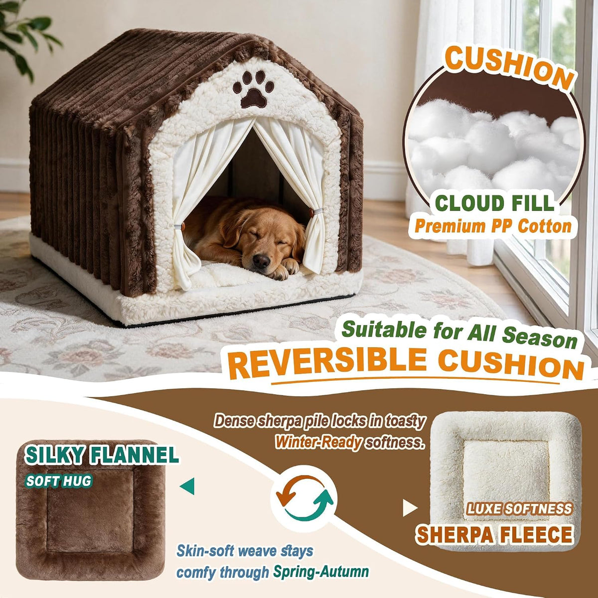 luxury dog house indoor, warm double-layer dog cave shown in use