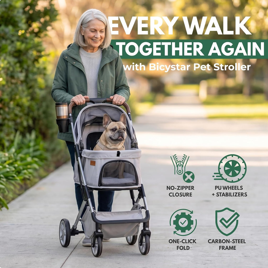 pet stroller for small dogs and cats, one-click shown in use