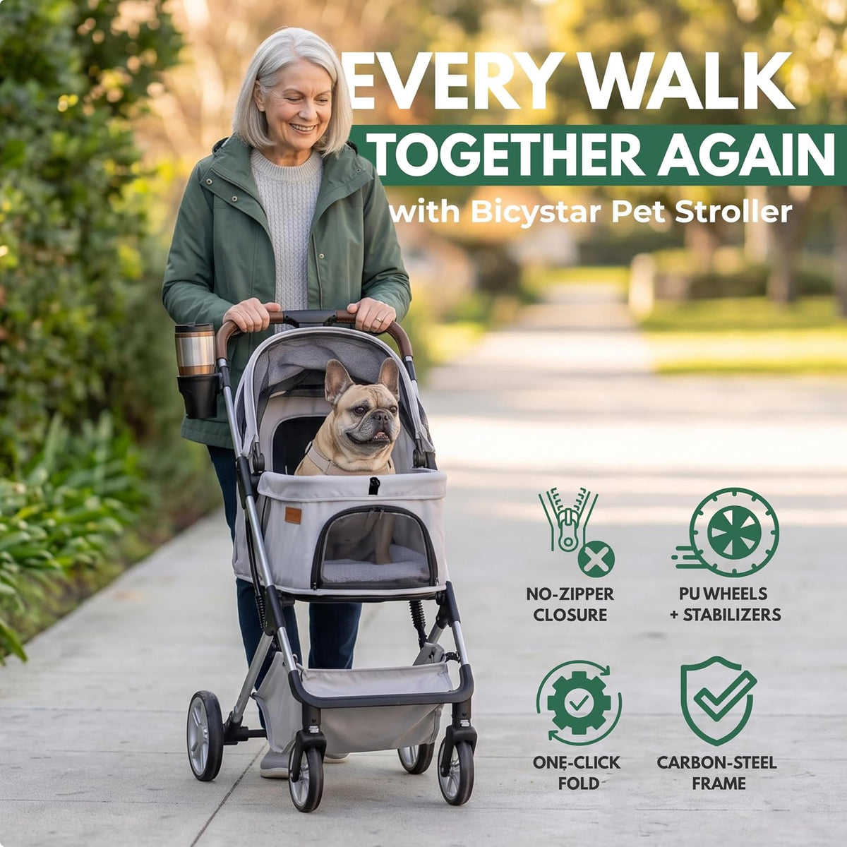 pet stroller for small dogs and cats, one-click shown in use