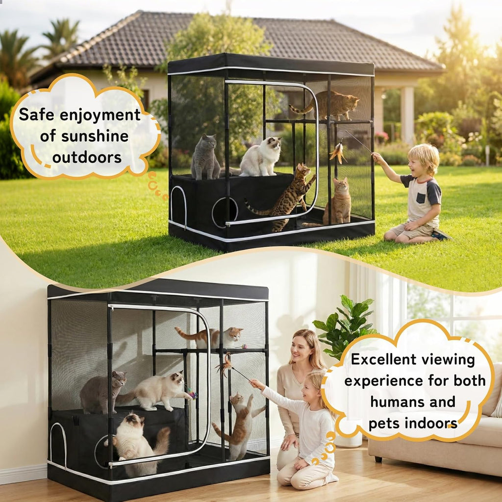 spacious catio indoor outdoor cat enclosure, multi‑level cat on a desk or shelf