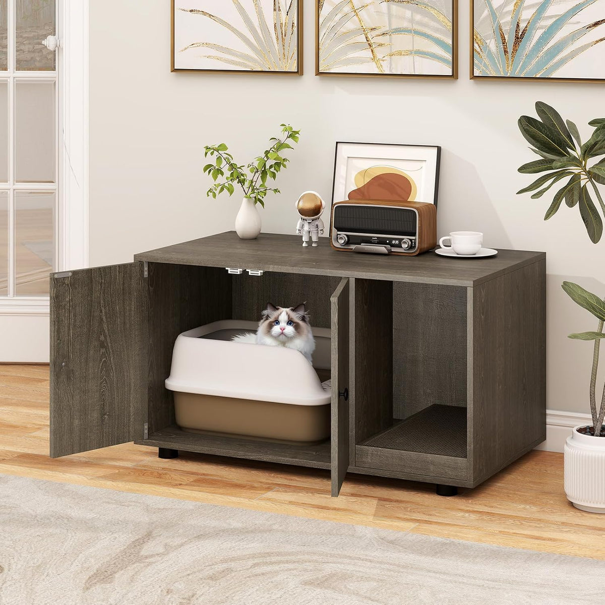 tangkula cat litter box enclosure, hidden litter box shown in use