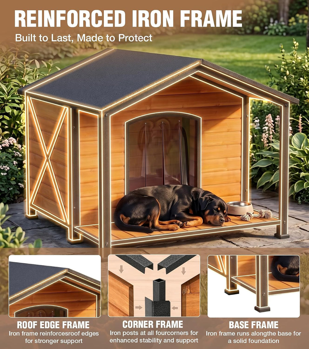 extra large dog house outdoor with full iron, side view