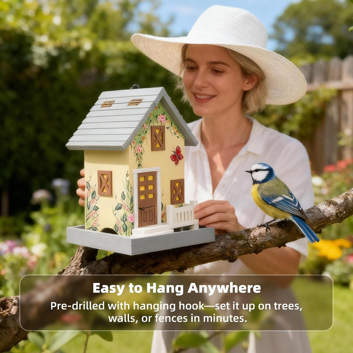 mewang colorful hanging wooden bird house feeder, light, side view