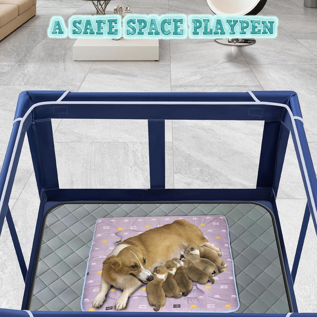 xvishx 42x42 inches puppy playpen with dog pads showing dimensions