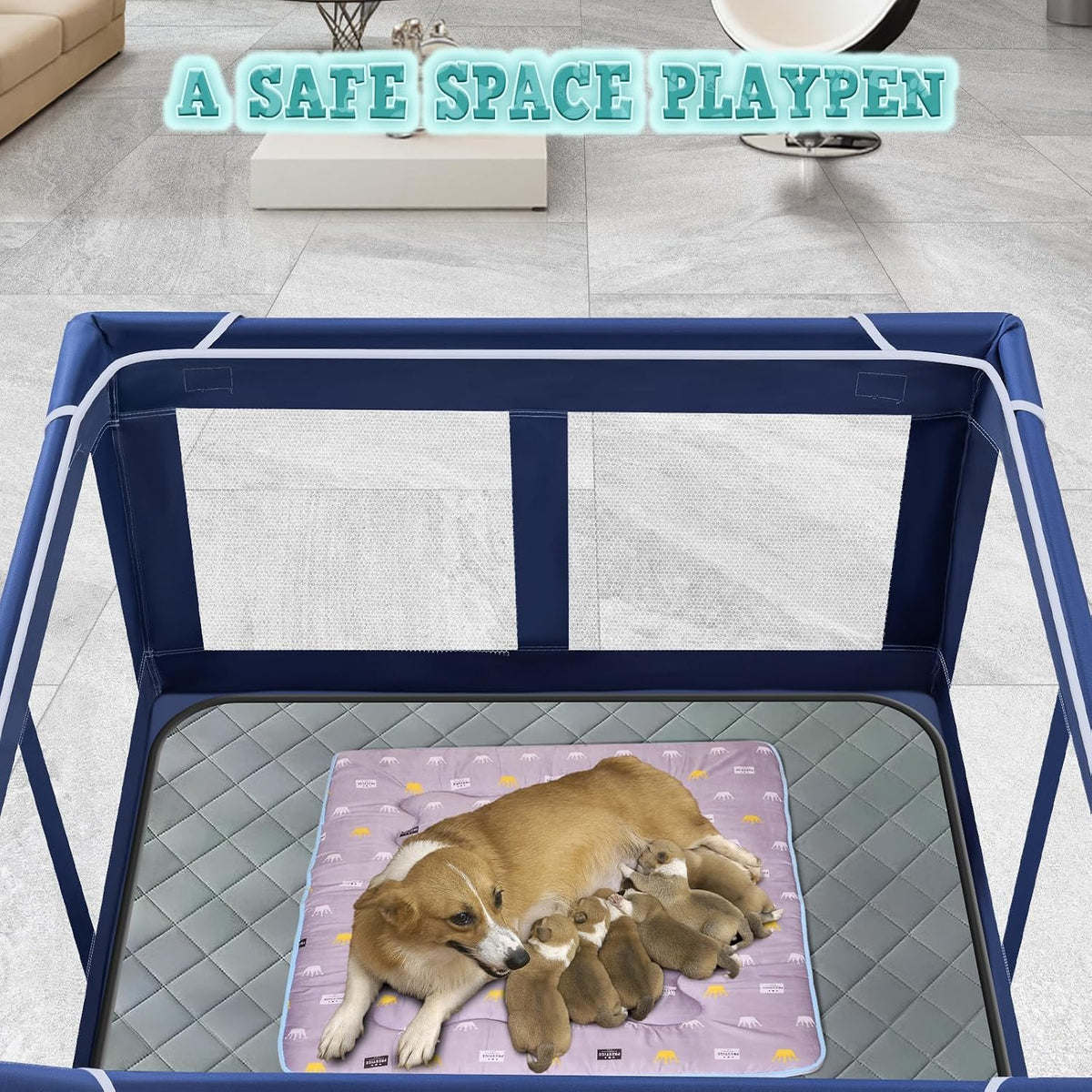 xvishx 42x42 inches puppy playpen with dog pads showing dimensions