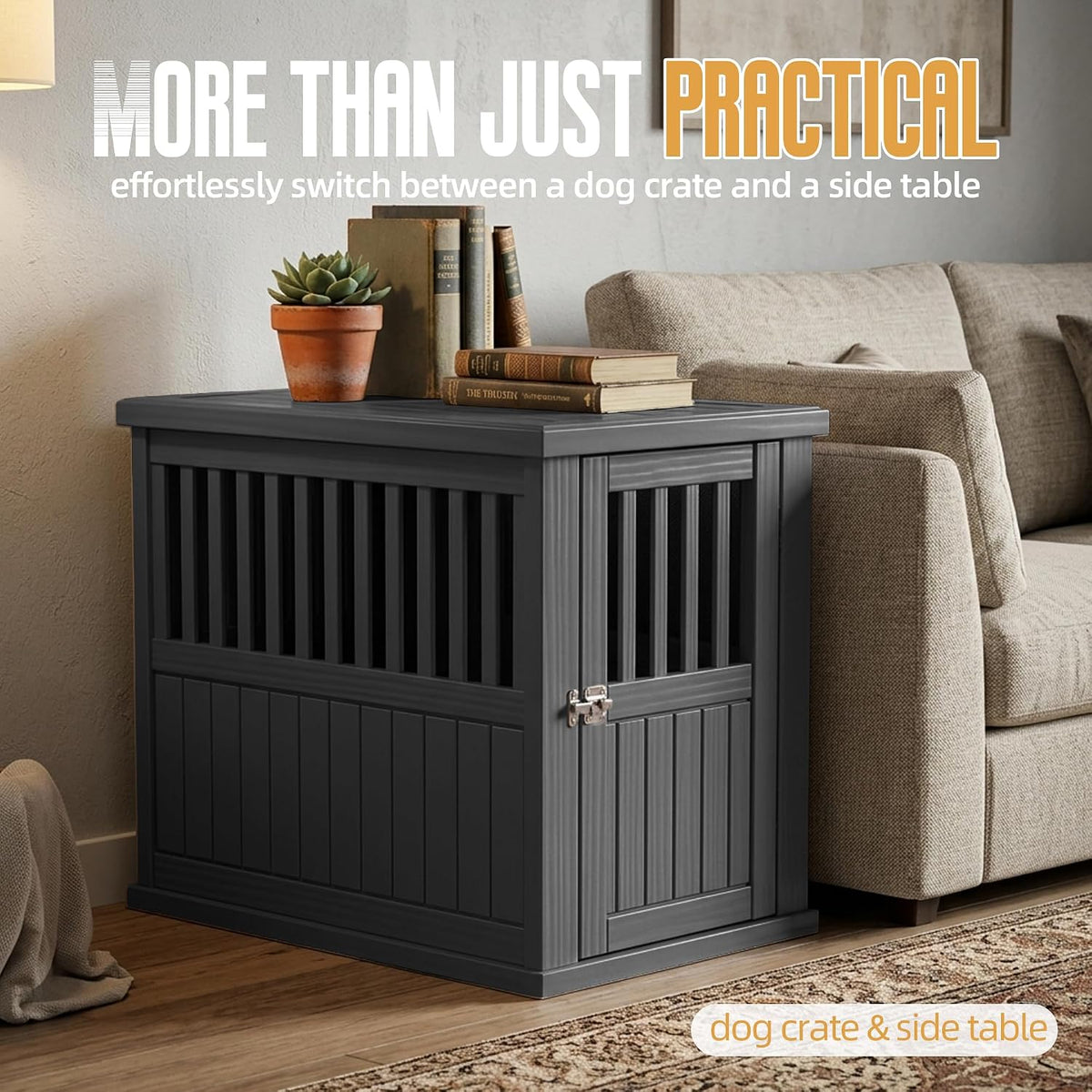 30 inch small dog crate furniture, black shown in use