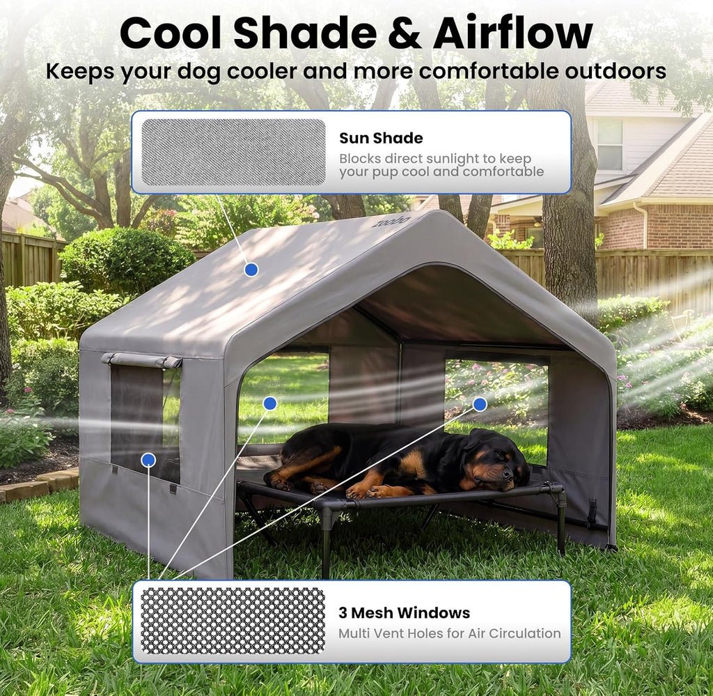 zooba extra large dog shade with elevated bed, side view