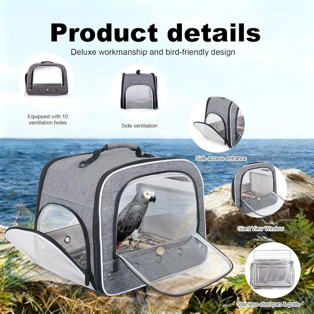 bird transport carrier for large bird with perch, close-up detail