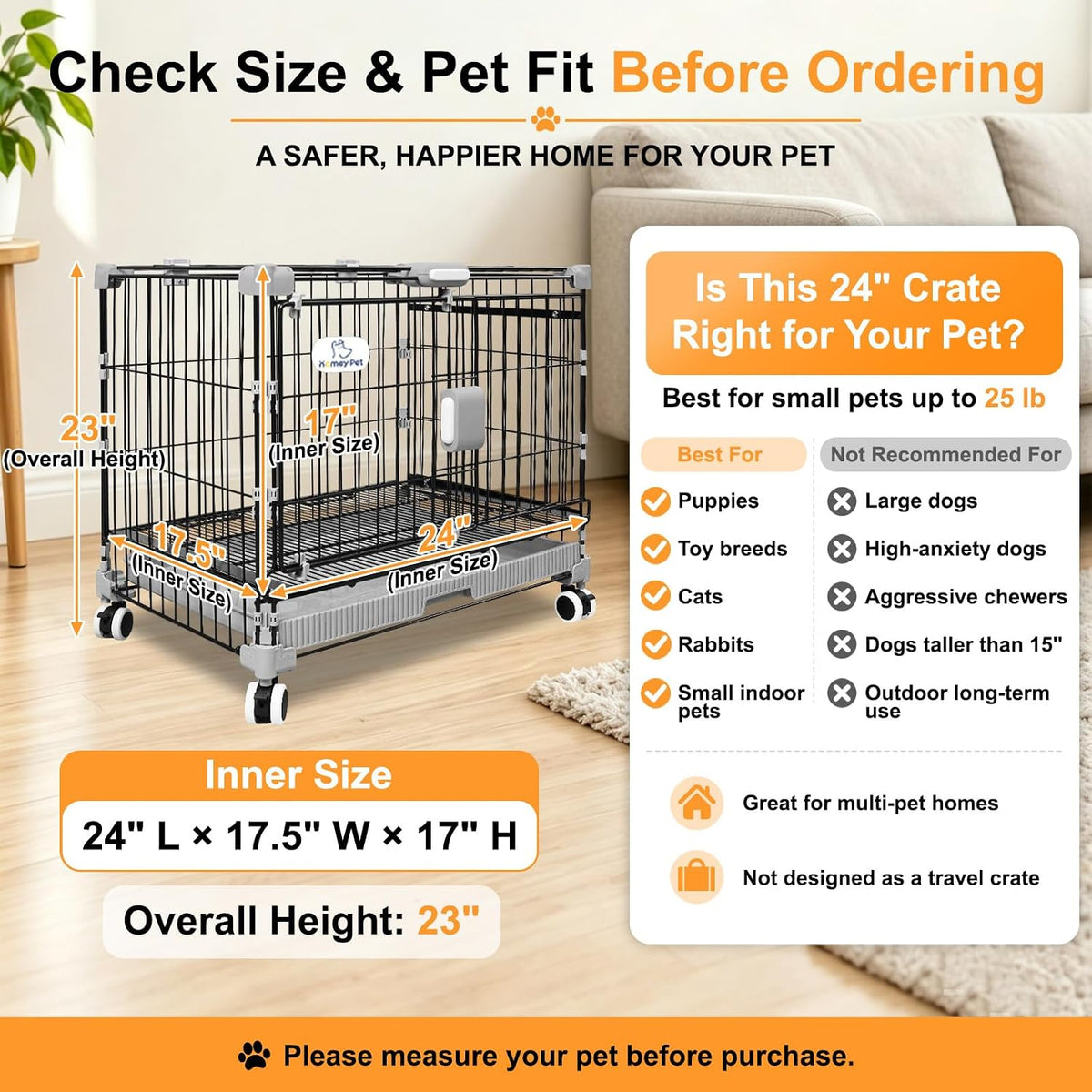 homey pet 24 inch stackable small dog crate showing dimensions