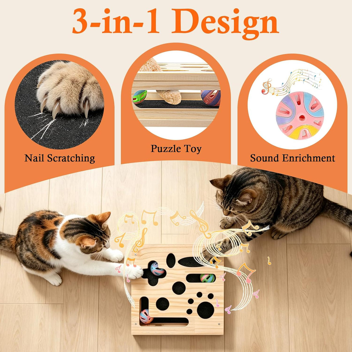 cat nail file enrichment box, sandpaper scratcher toy shown in use