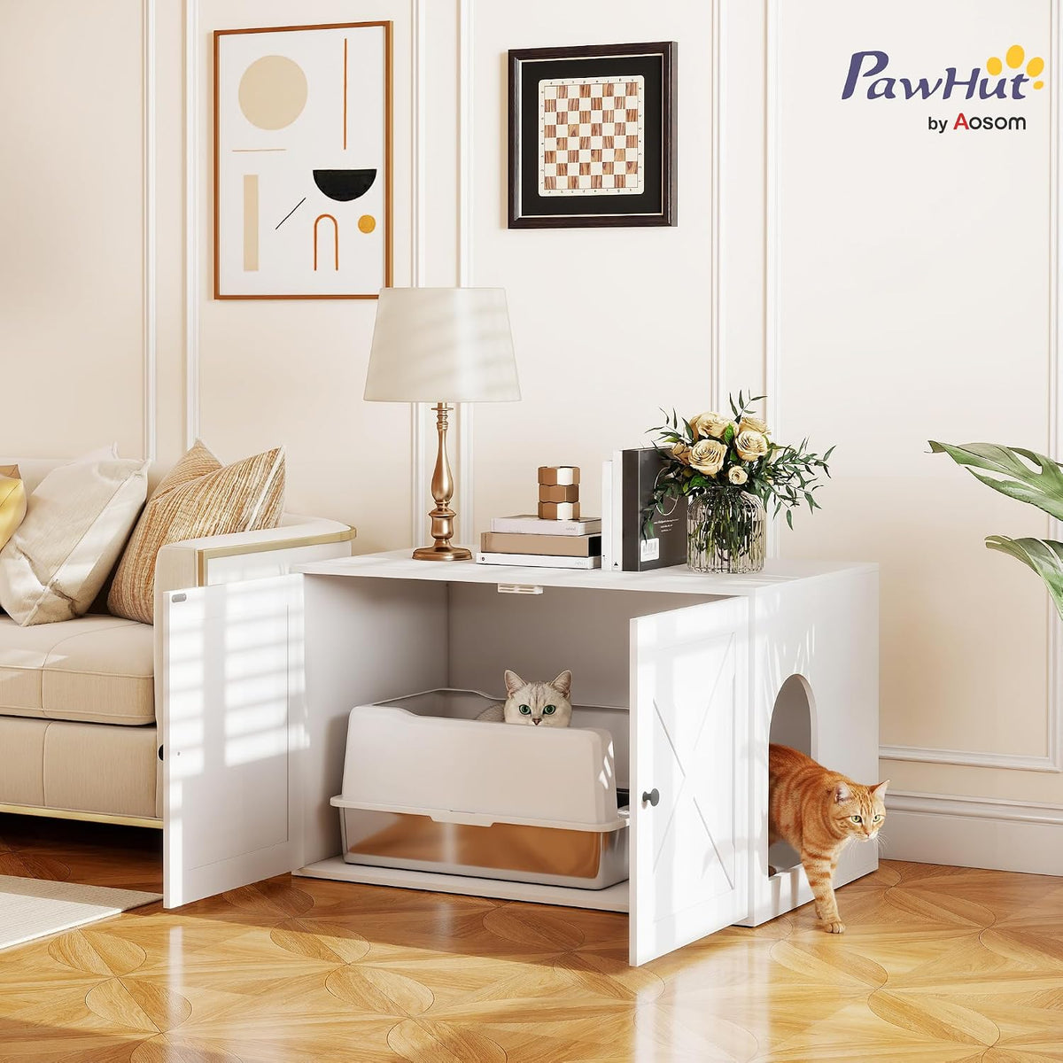 pawhut cat litter box enclosure, hidden litter box shown in use
