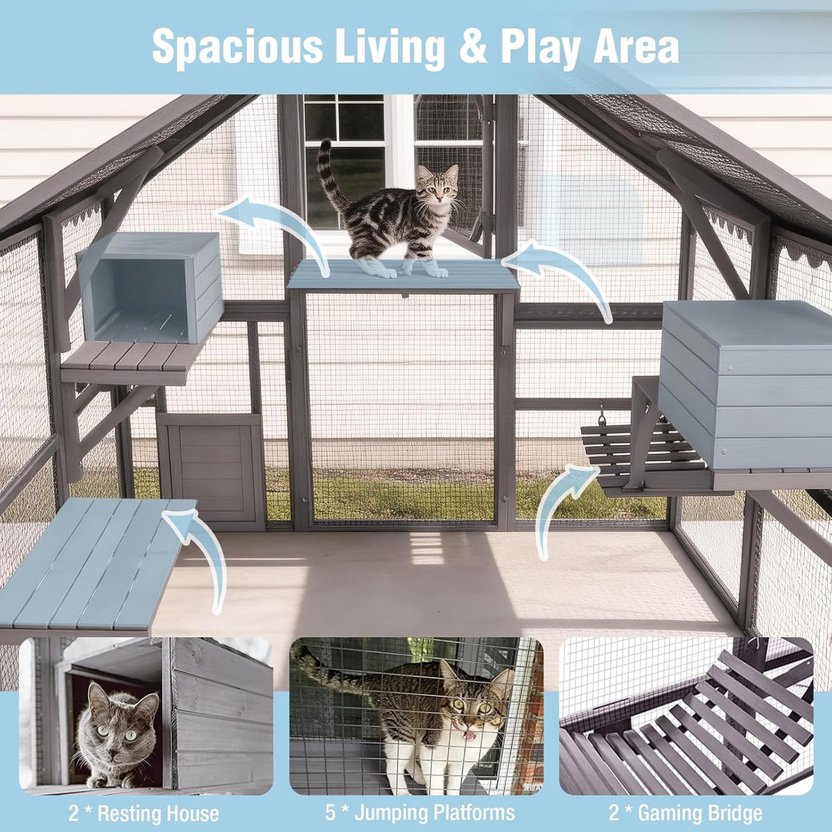 large catio outdoor cat enclosure, 74’’ cat house showing dimensions