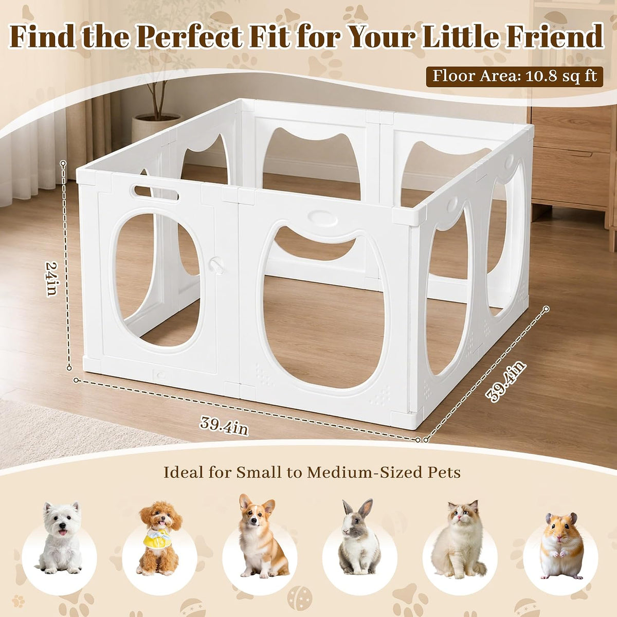clear acrylic dog playpen indoor with toy & shown in use