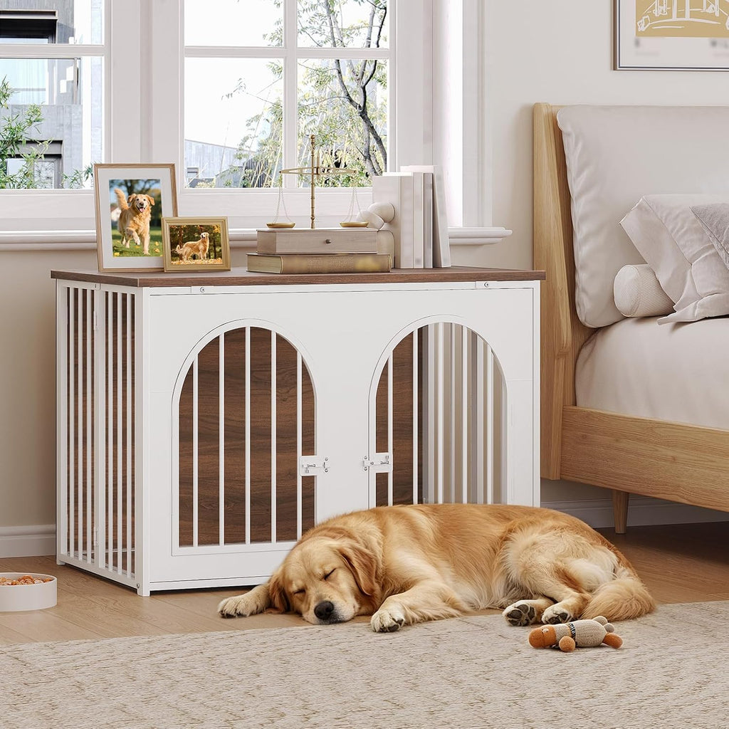 yatiney 37.4" dog crate furniture foldable, assembly-free dog, side view