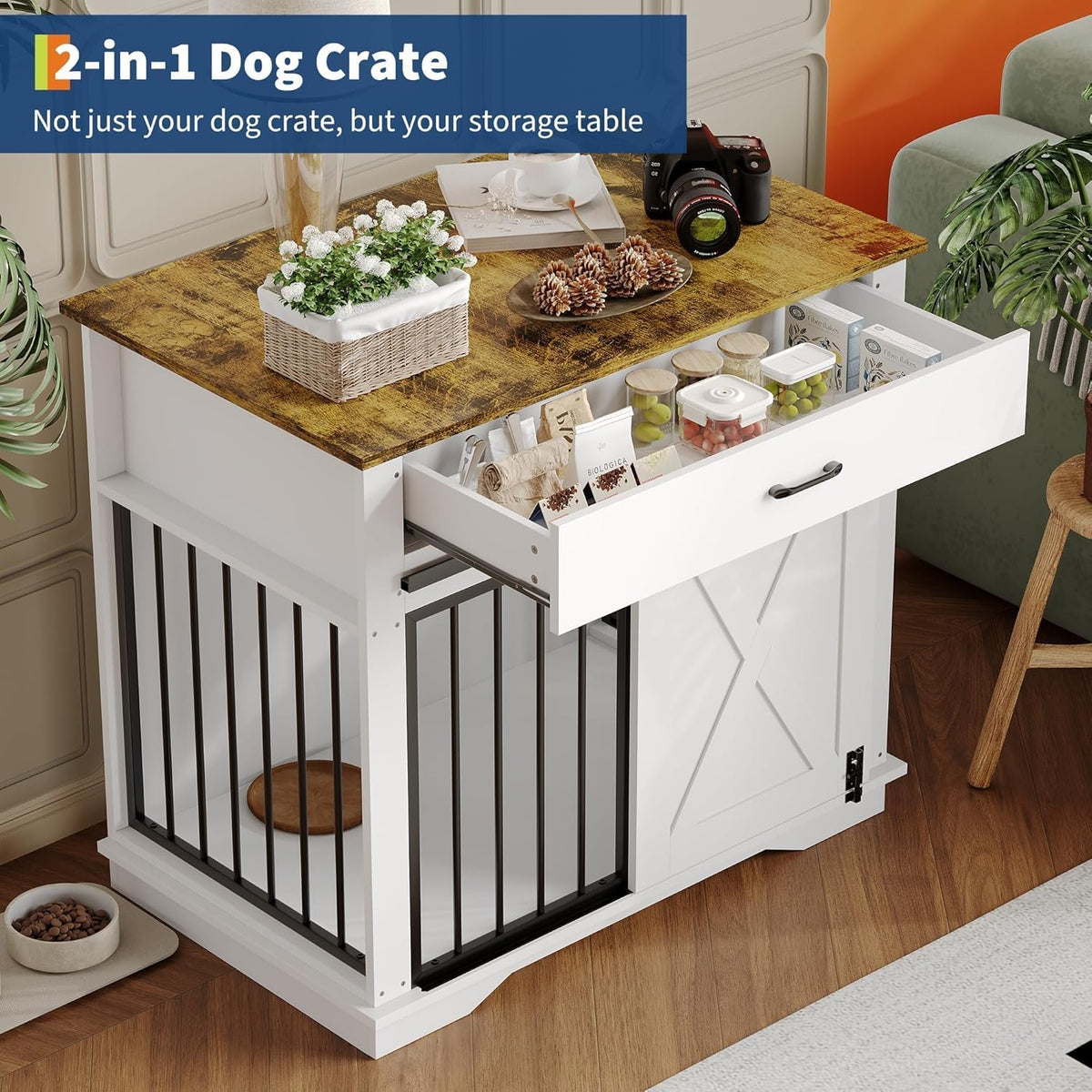 38" dog crate furniture, wooden dog furniture with, side view