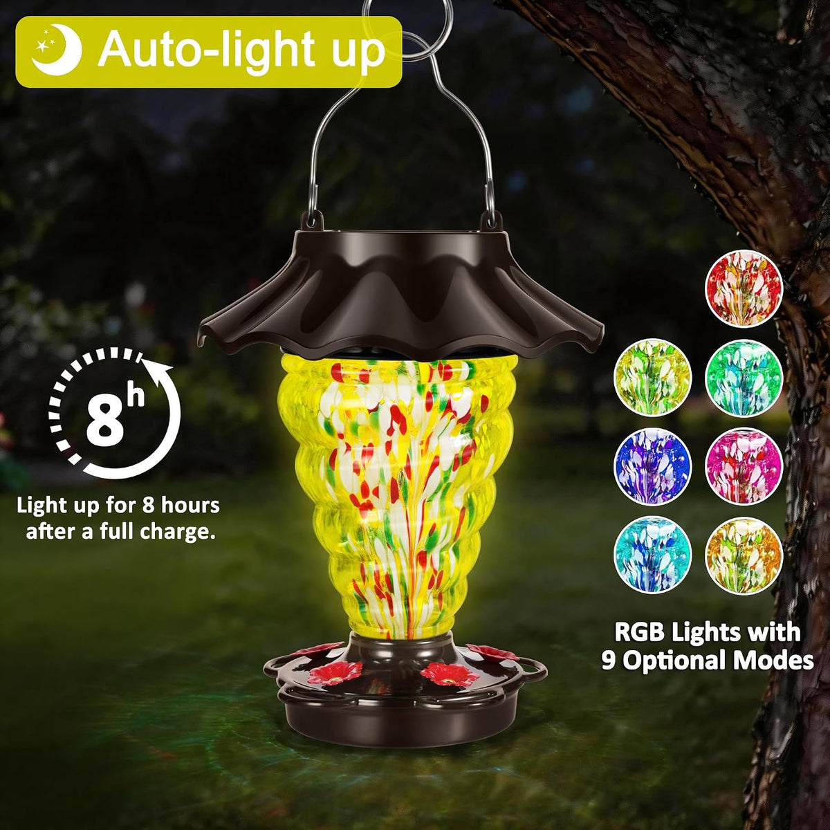 lujii solar hummingbird feeder for outdoor hanging, rgb, close-up detail
