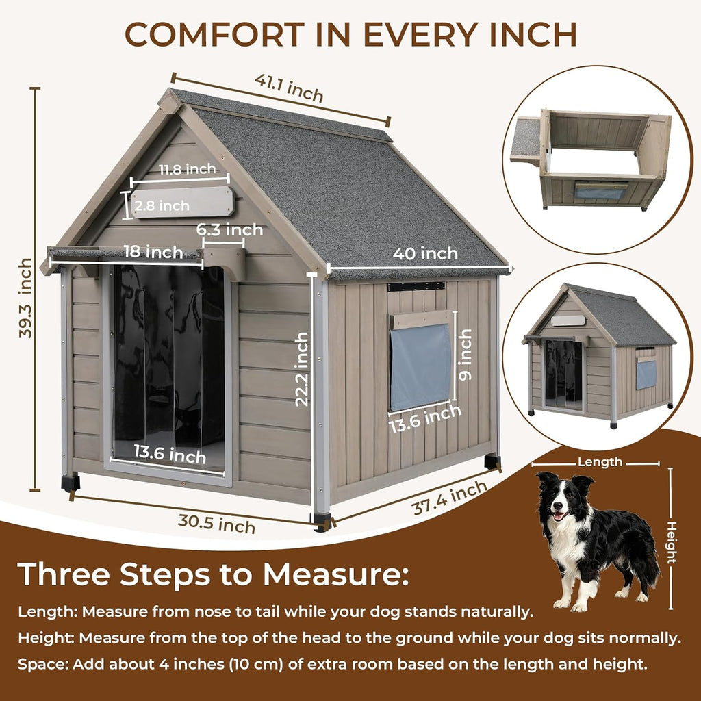 weatherproof wooden dog house outdoor for medium‑large dogs shown in use