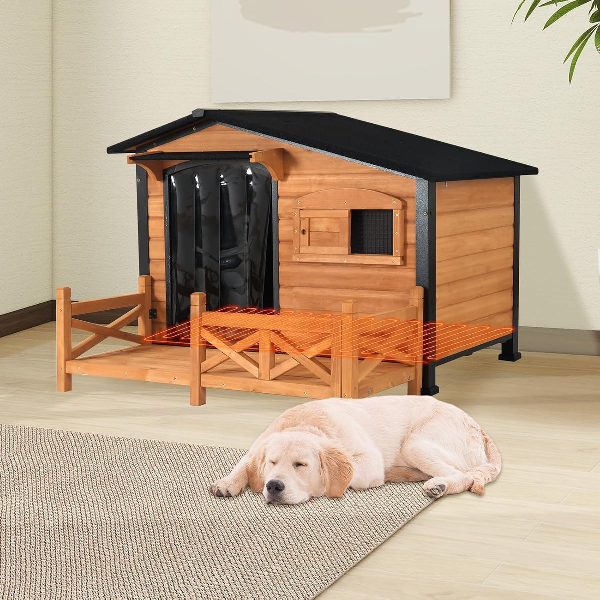 heated dog house for outdoor use with matel on a desk or shelf