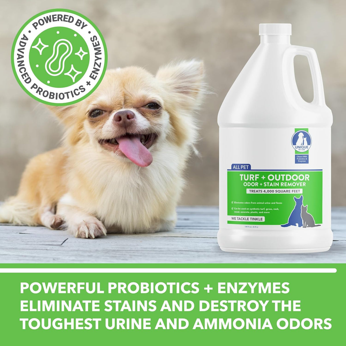 unique turf & outdoor odor and stain remover showing dimensions