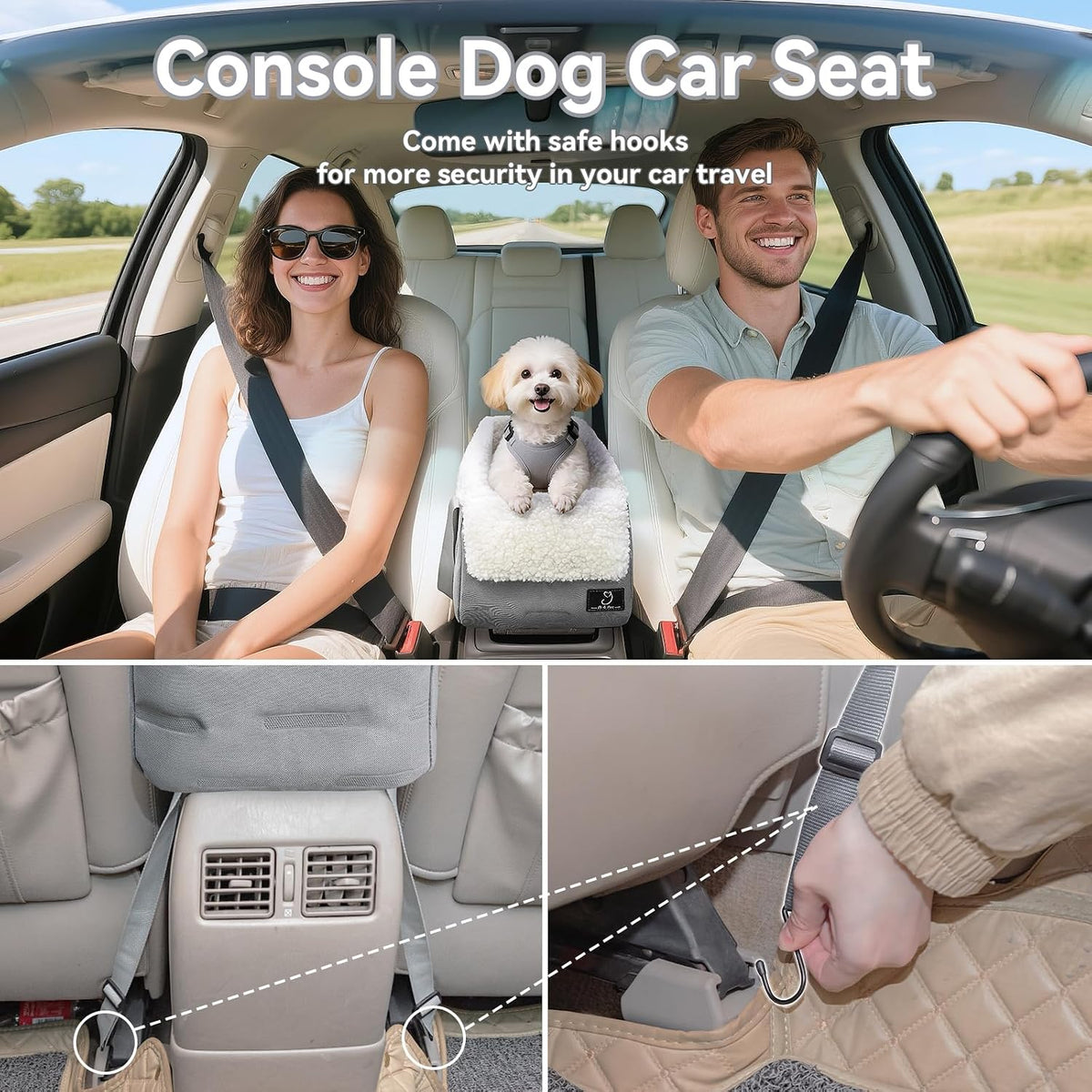 center console dog car seat for small dogs shown in use