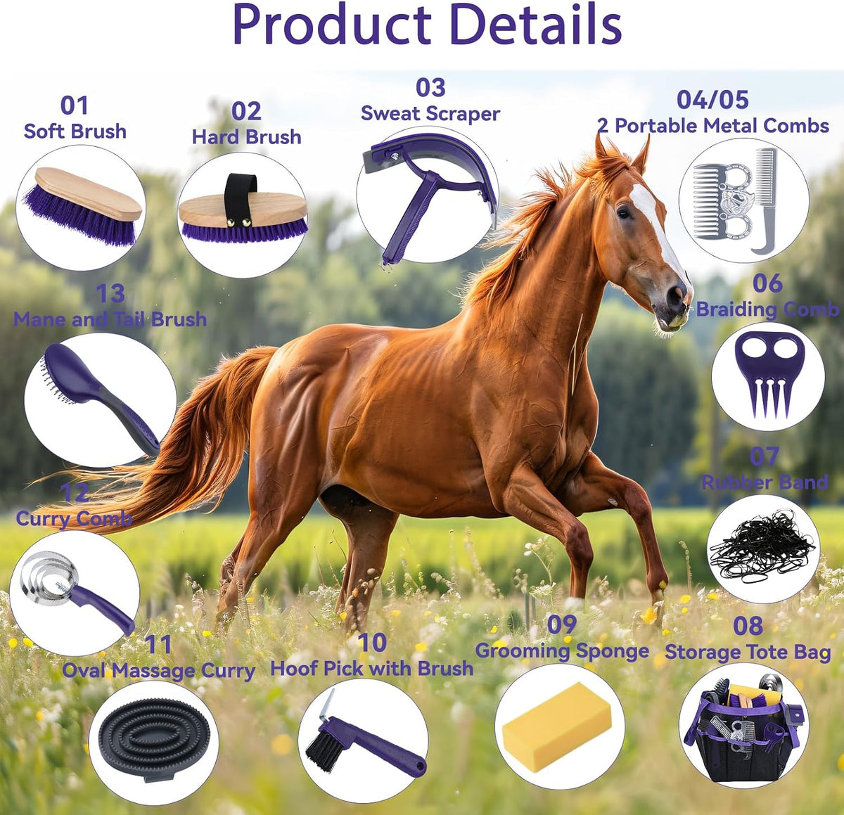 13 piece horse grooming kit, complete horse brush shown in use
