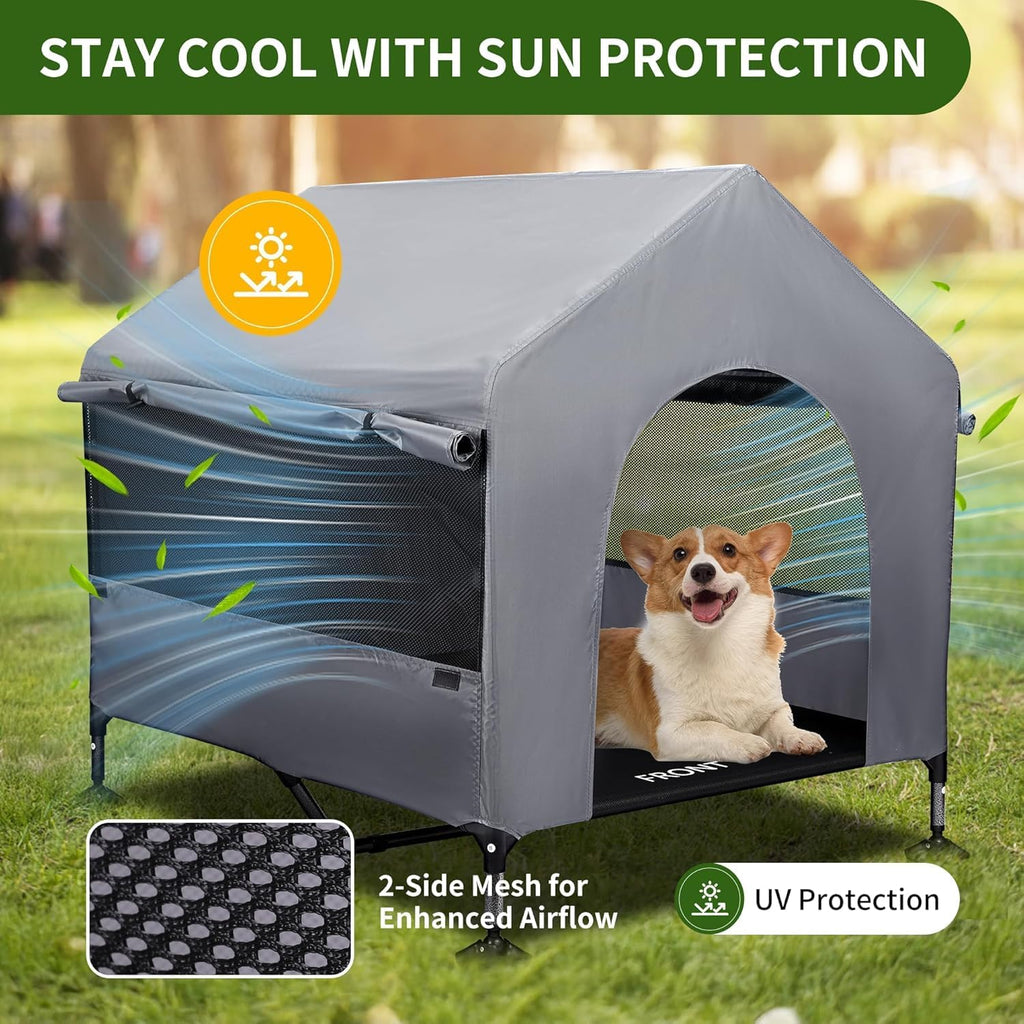 summertrail 42" large dog house outdoor indoor elevated shown in use
