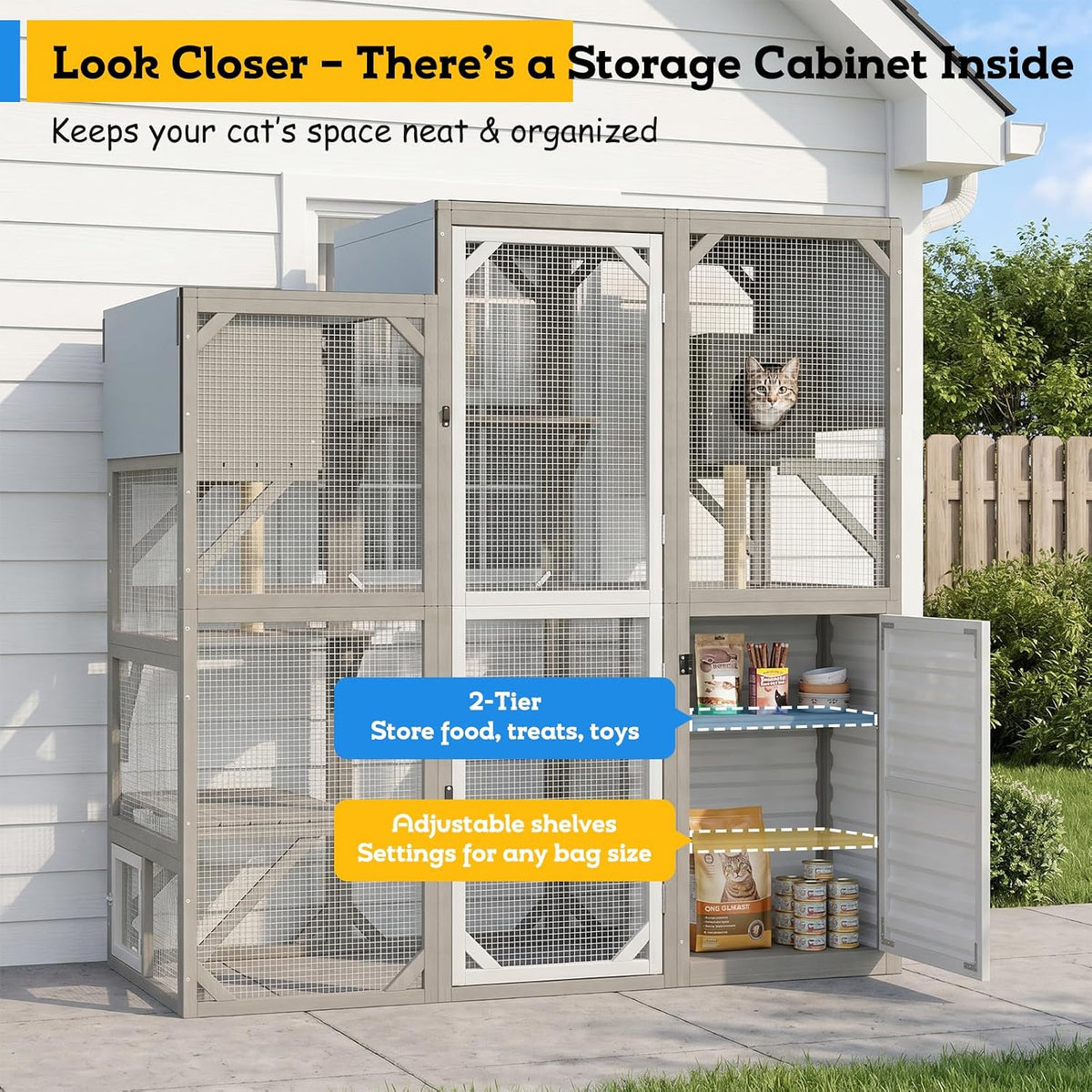 walk-in catio outdoor cat enclosure with storage cabinet, close-up detail