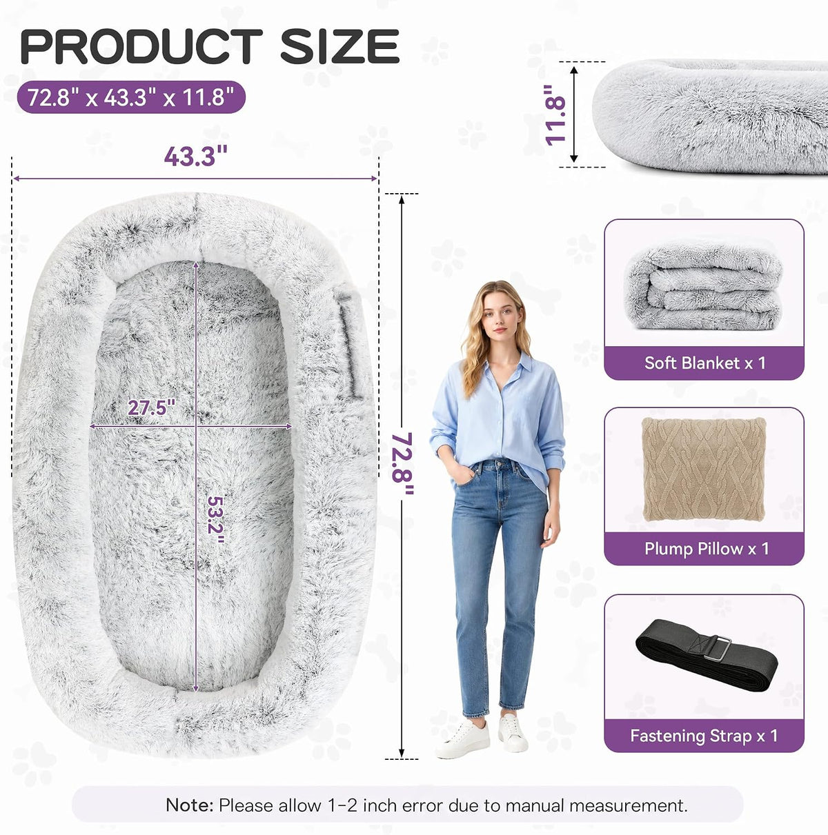grey human dog bed - 71''x45''x12'' size fits shown in use