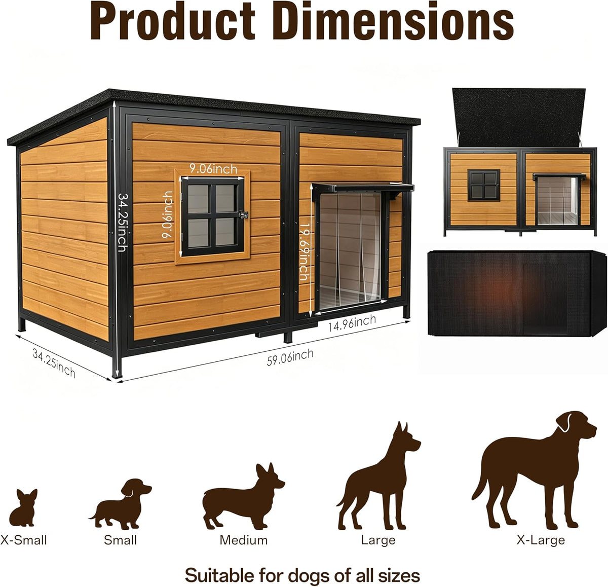 59" insulated extra large dog house, brown shown in use