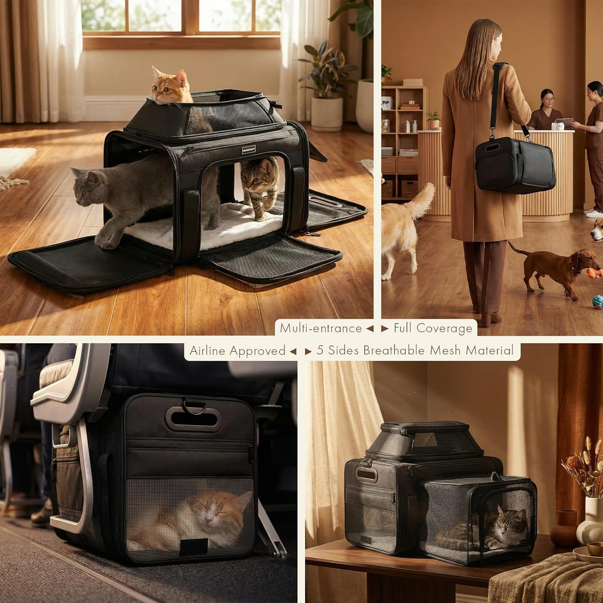 top-side expandable pet carrier, treat window,17x11x9.5 airline approved showing dimensions