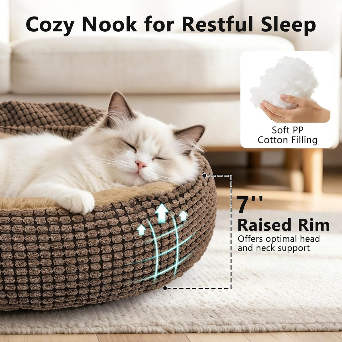 small dog bed with attached blanket, cozy donut, close-up detail