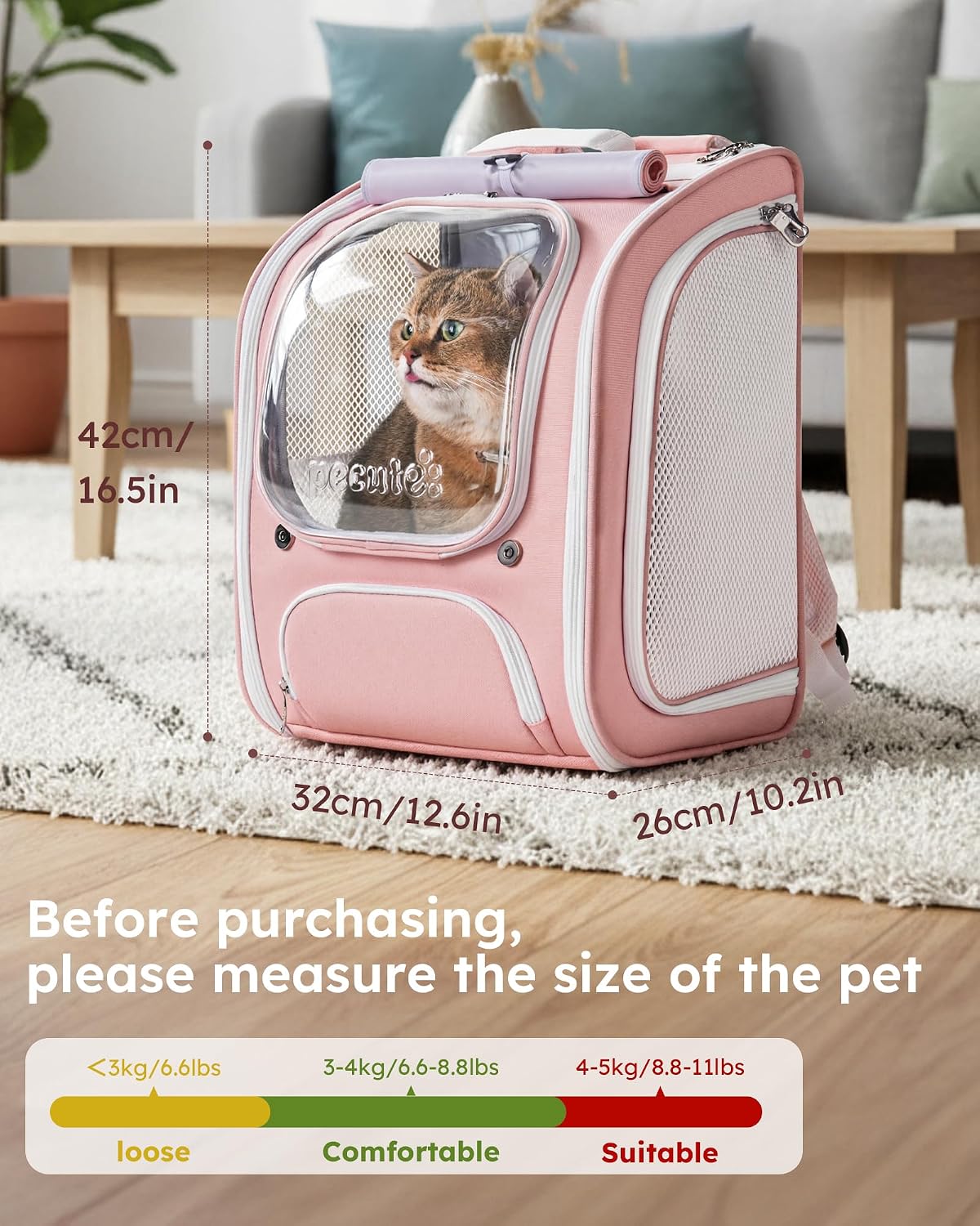 pecute cat backpack carrier,large space cat bubble backpack,ergonomic,pink, view 9