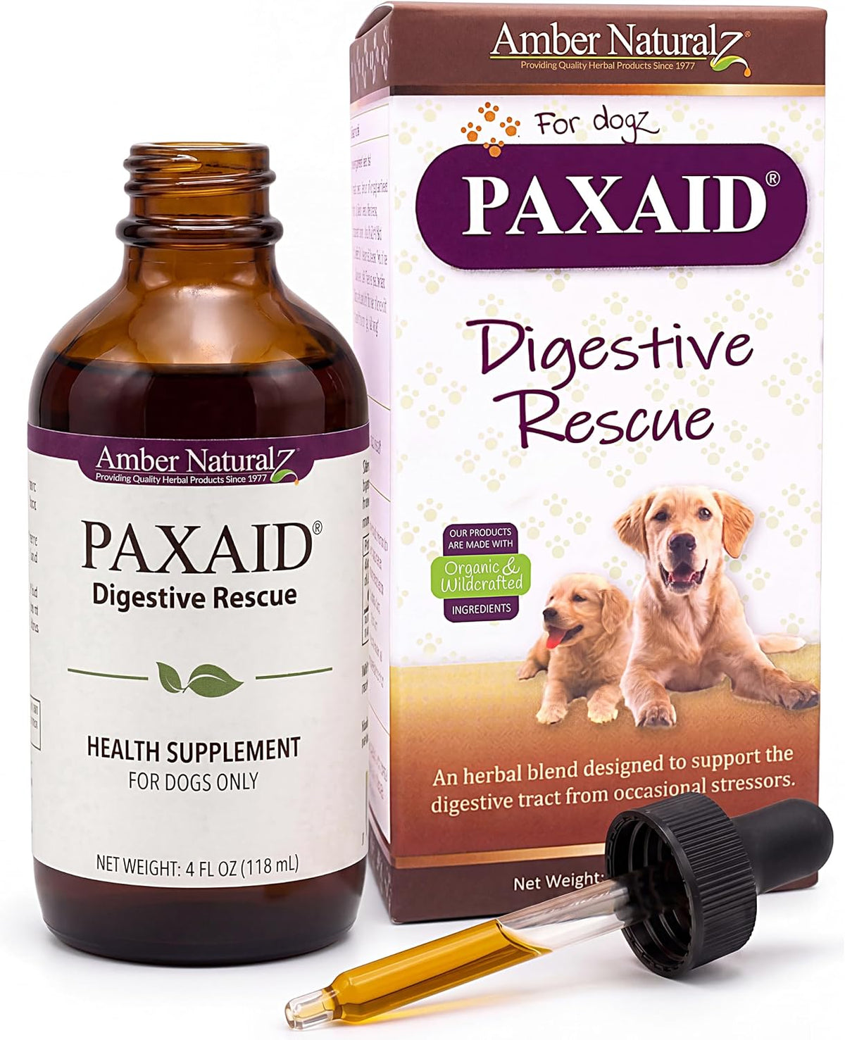amber naturalz paxaid dog digestive rescue drops, herbal, main product view