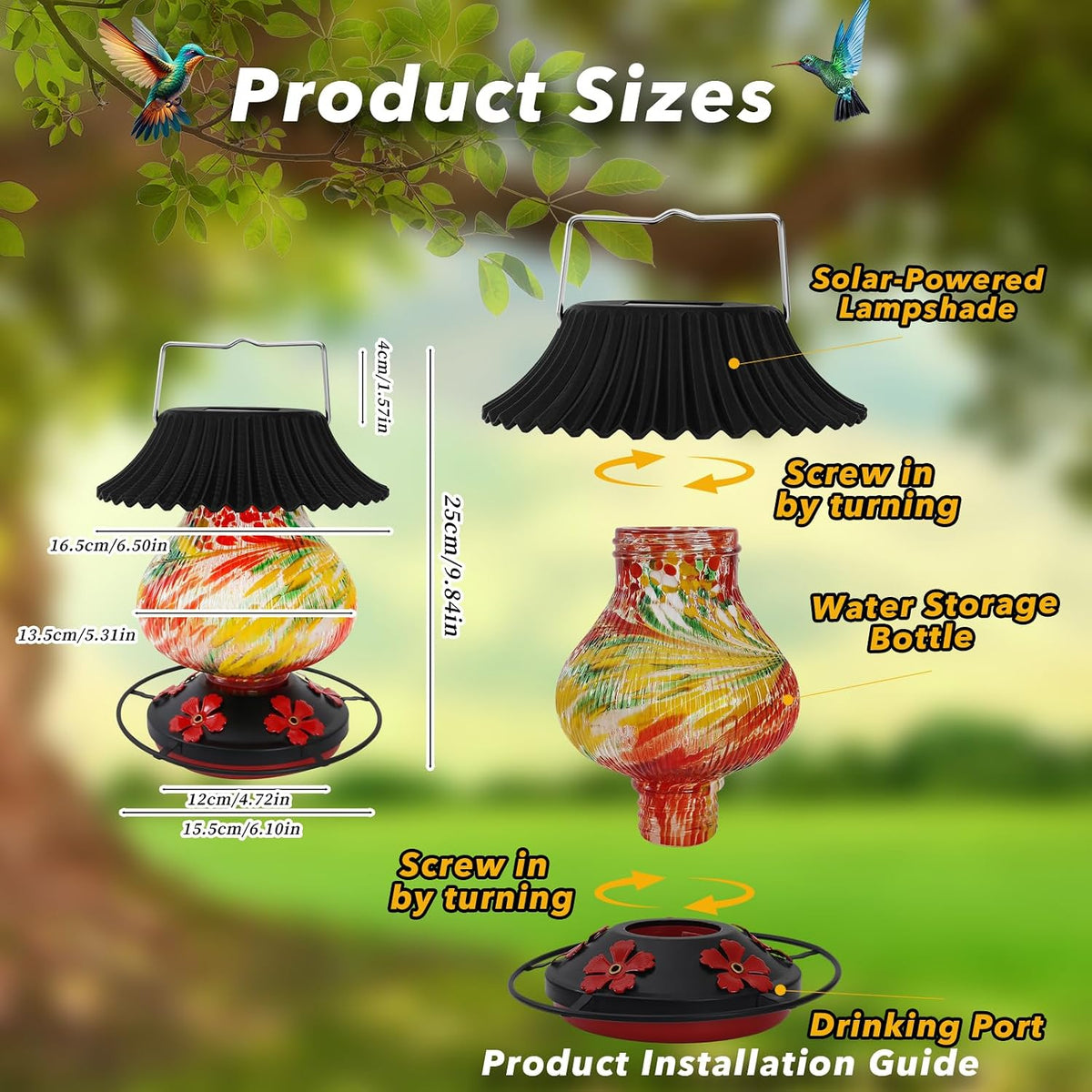 solar hummingbird feeder, hand blown glass multicolor night, close-up detail