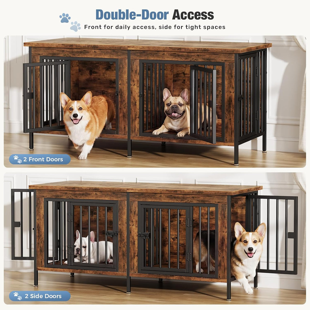 dumos 54" dog crate furniture for 2 dogs shown in use