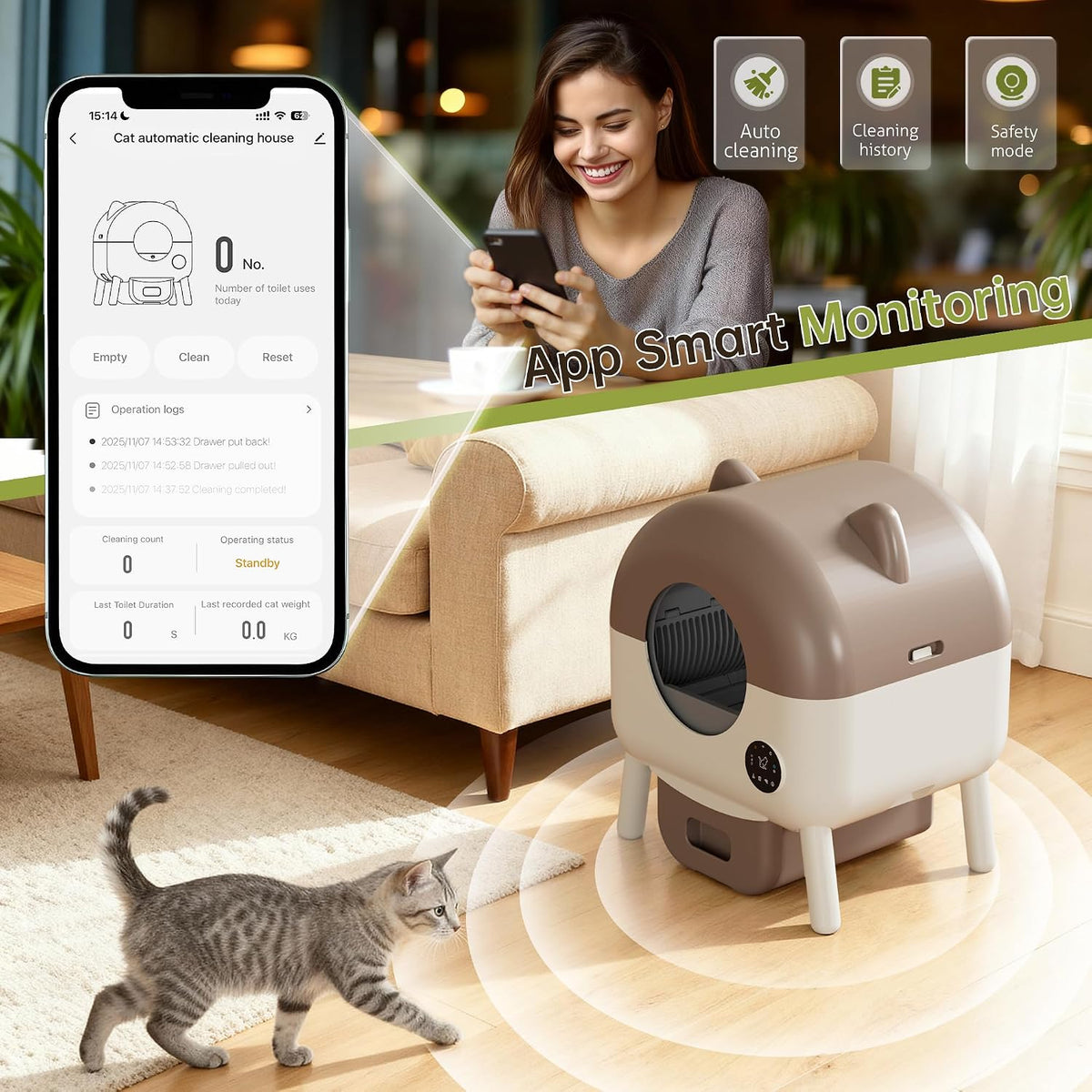 greesum fully enclosed self-cleaning cat litter box, 76l, side view