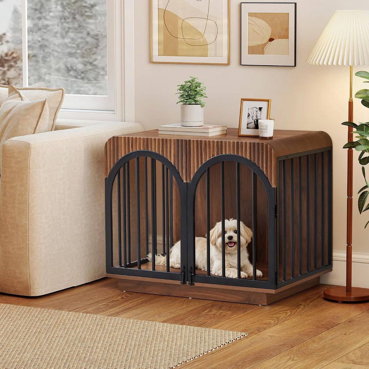 31.5" fluted wooden dog crate furniture for small showing dimensions