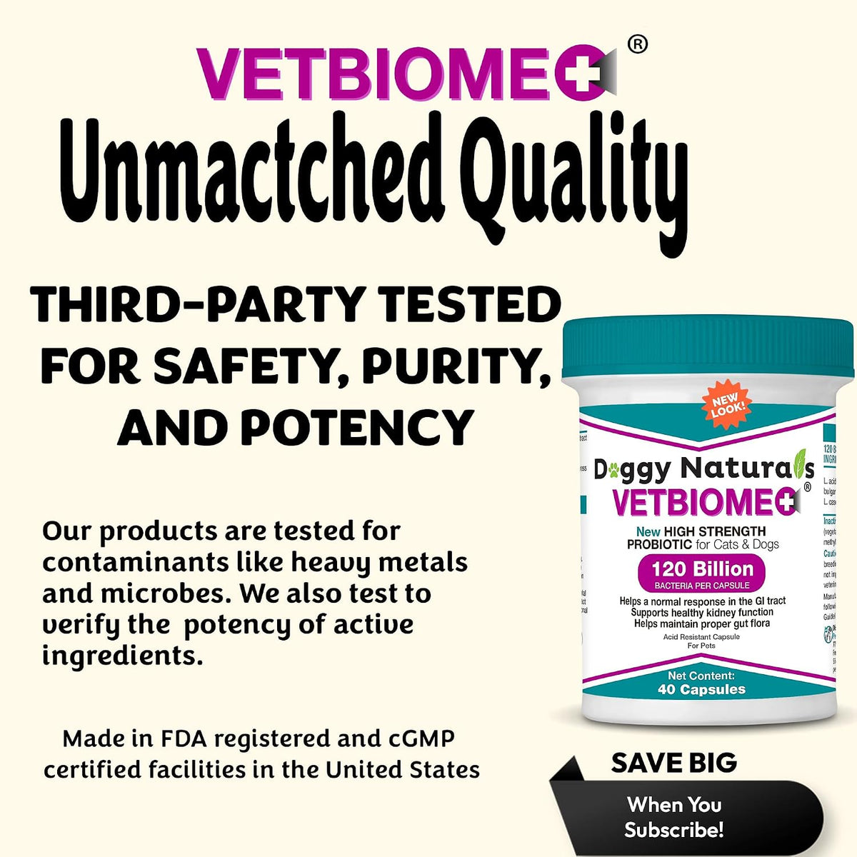 vetbiome plus high strength probiotics for pets (120, side view