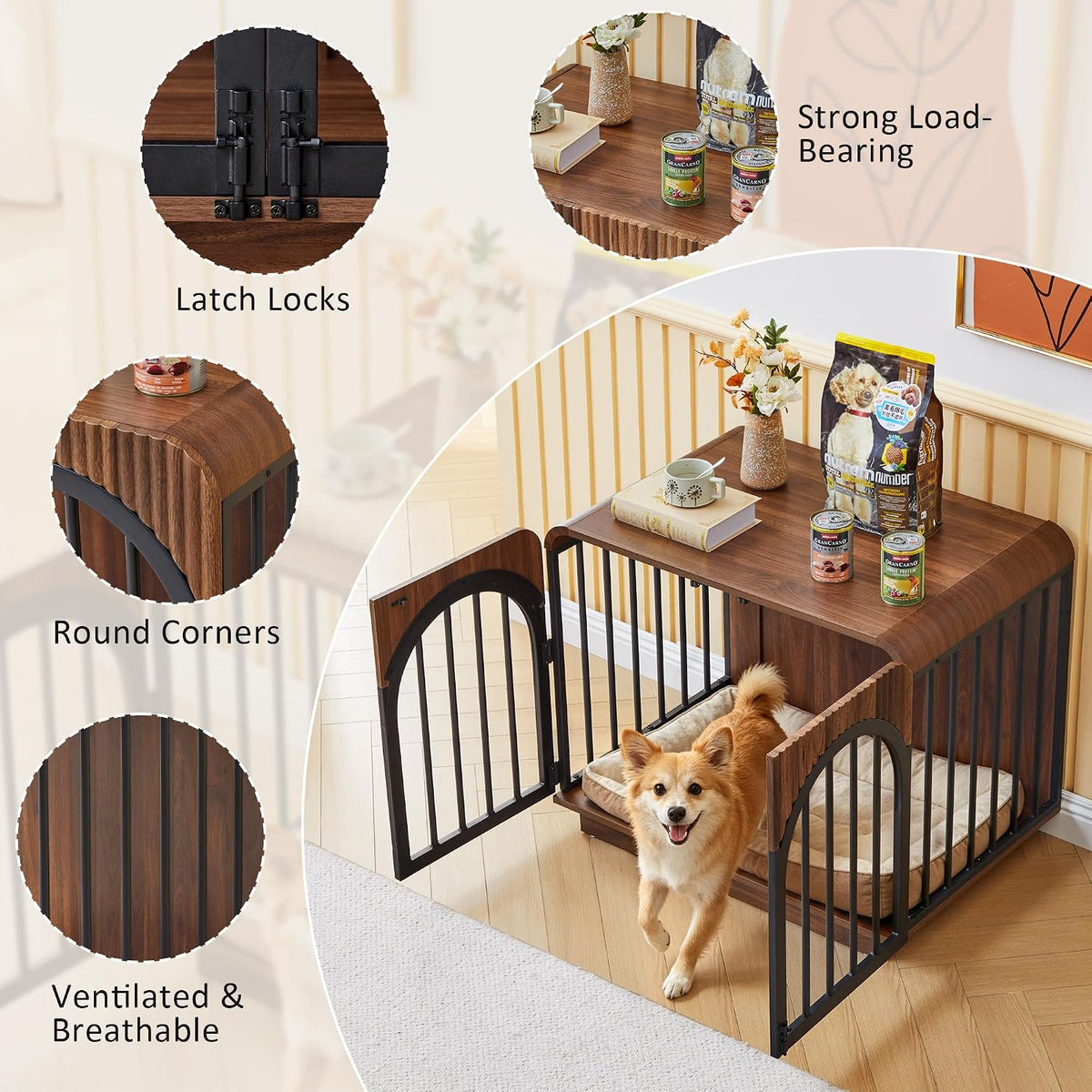 31.5" fluted wooden dog crate furniture for small, close-up detail