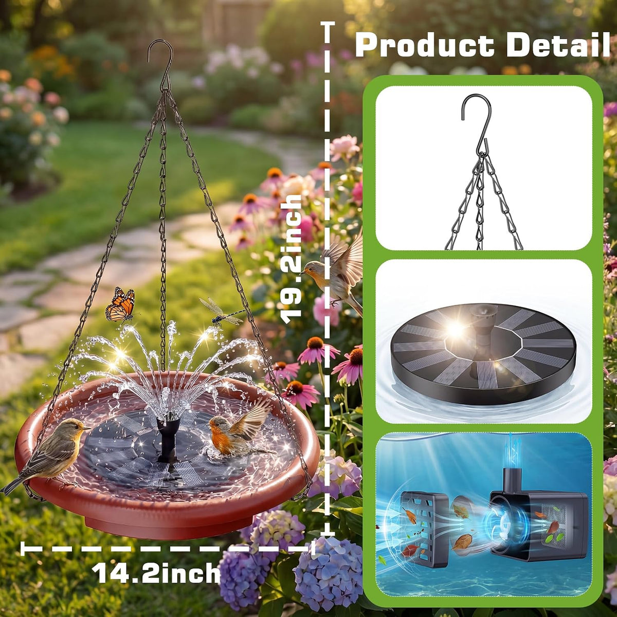 aisitin 15" hanging solar bird bath with solar shown in use