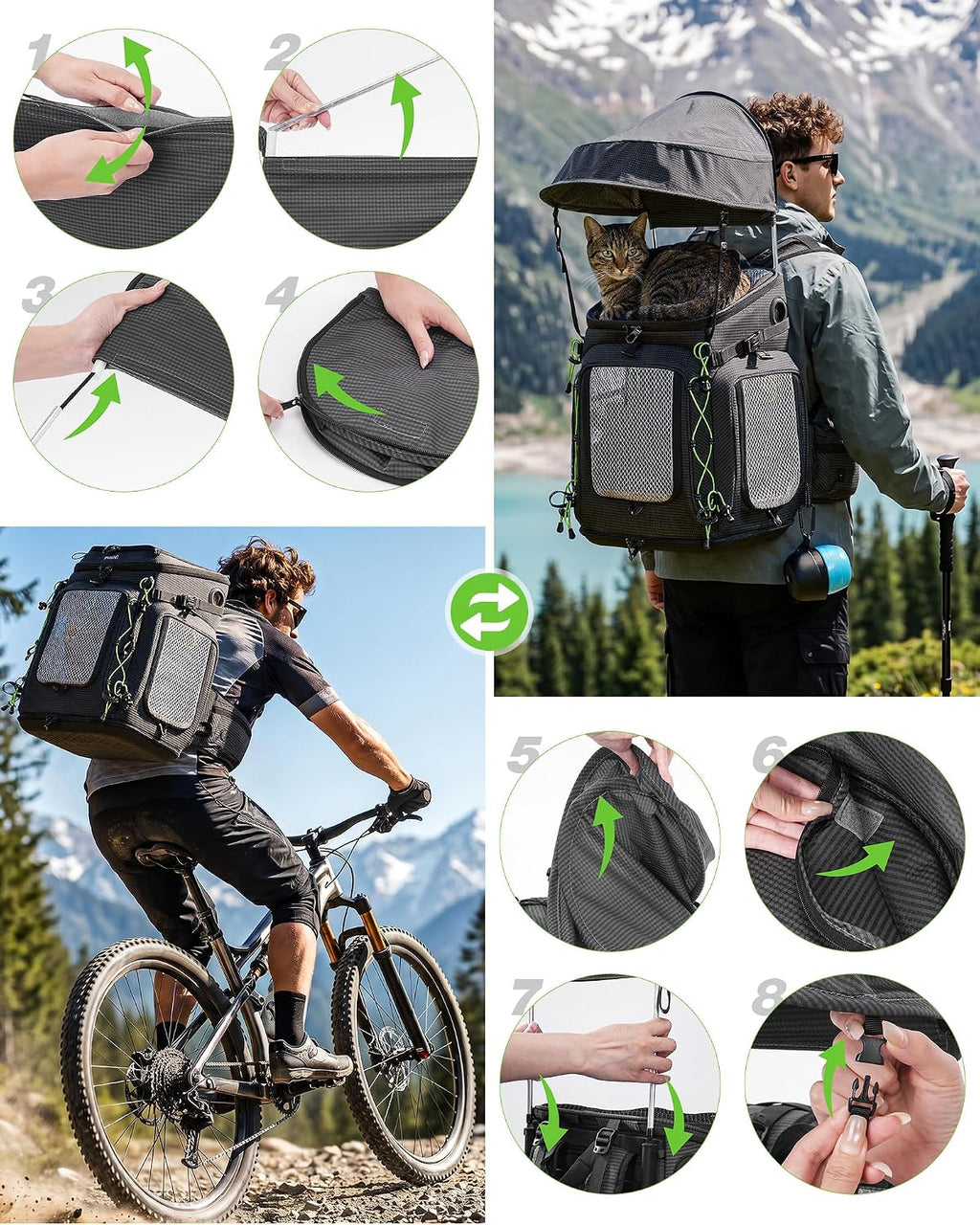 pecute cat backpack carrier,pet carrier backpack for hiking,ergonomic,black, front angle view